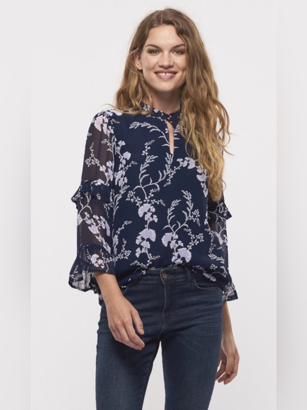 Part Two Women’s Navy Floral Ruffle Sleeve Blouse